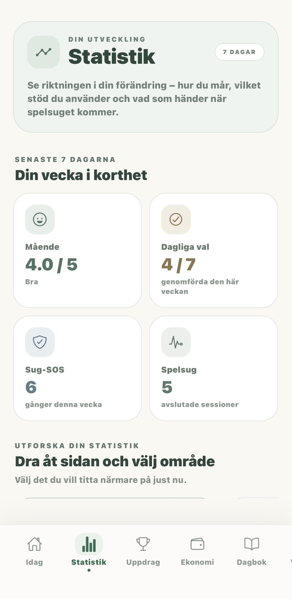 Statistik och utveckling i appen Bortom spelet