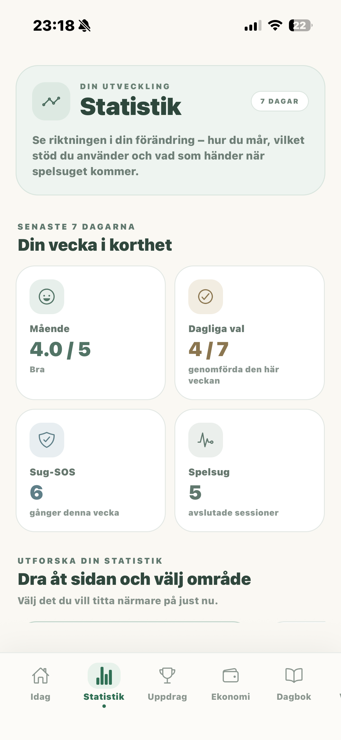 Statistik och utveckling i appen Bortom spelet